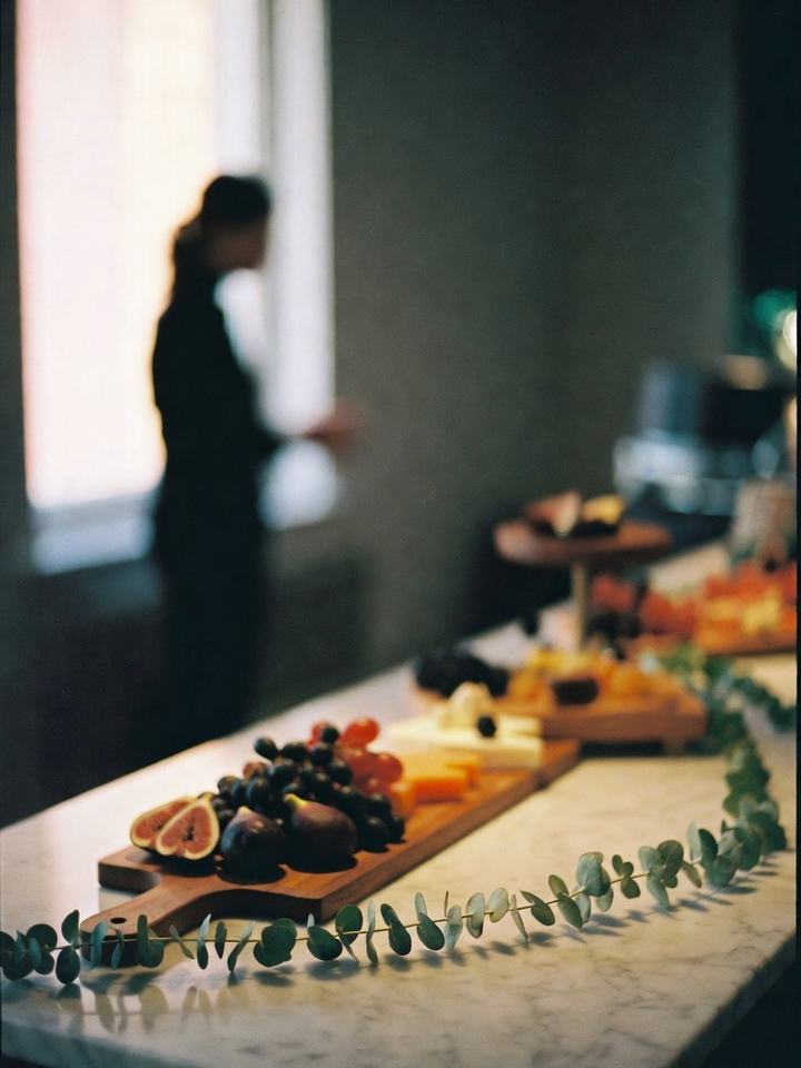 Grazing station laid out along a marble counter