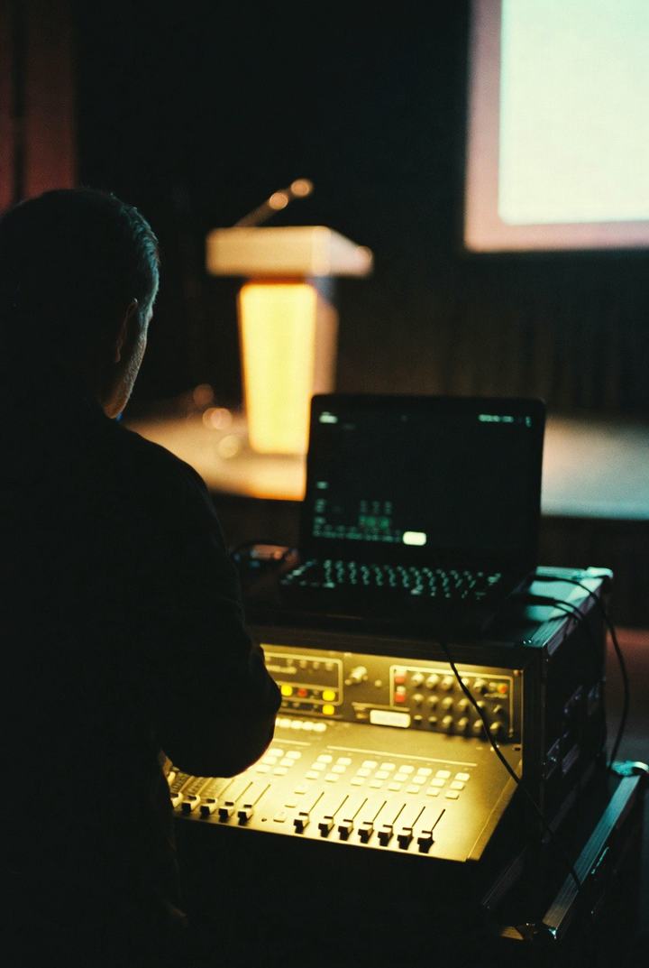 Technician at an audio console at the back of a dark hall