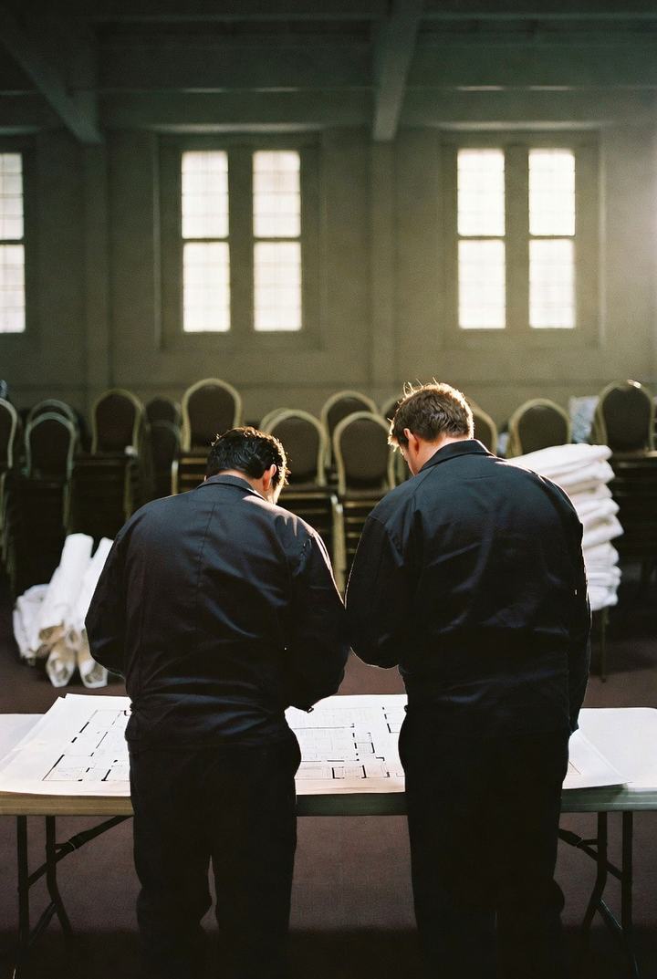 Two people reviewing a printed floorplan in an empty hall